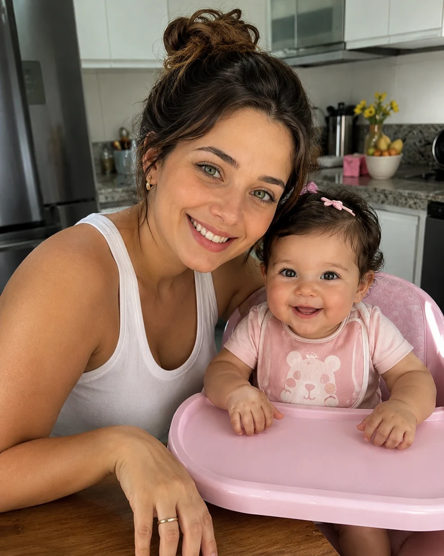 Dani Oliveira com a Manuzinha na cadeirinha de alimentação